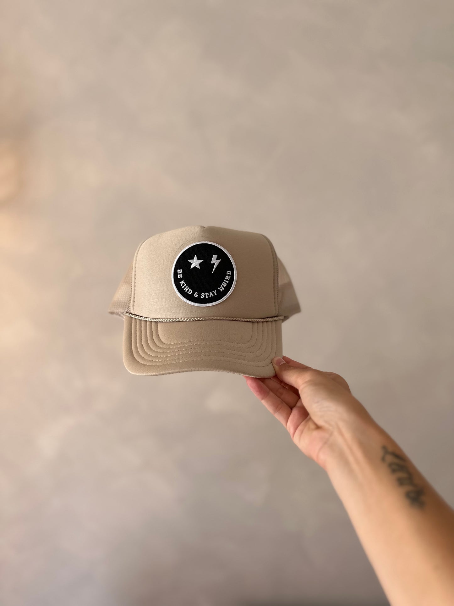 Be Kind & Stay Weird Smiley Trucker hat