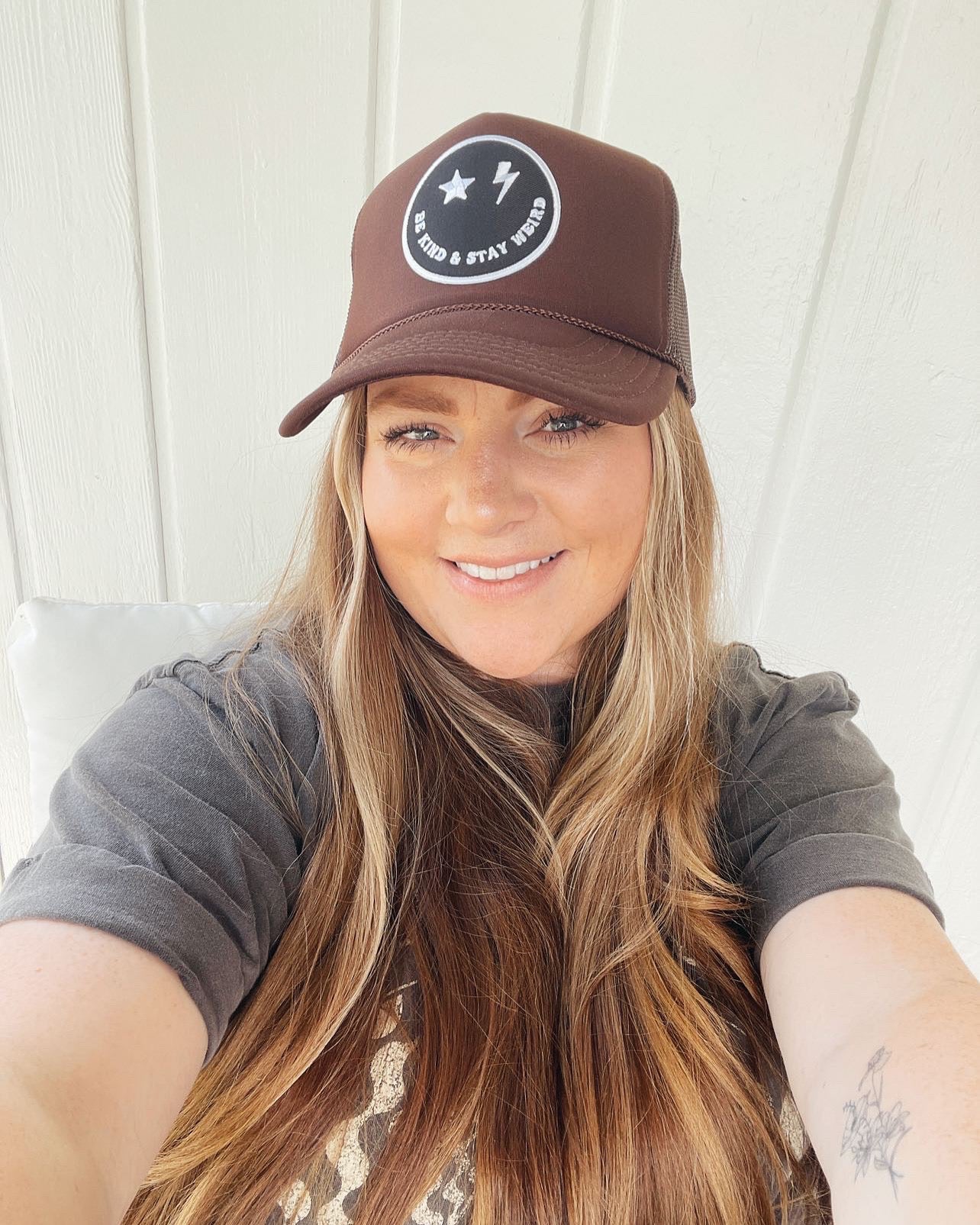 Be Kind & Stay Weird Smiley Trucker hat